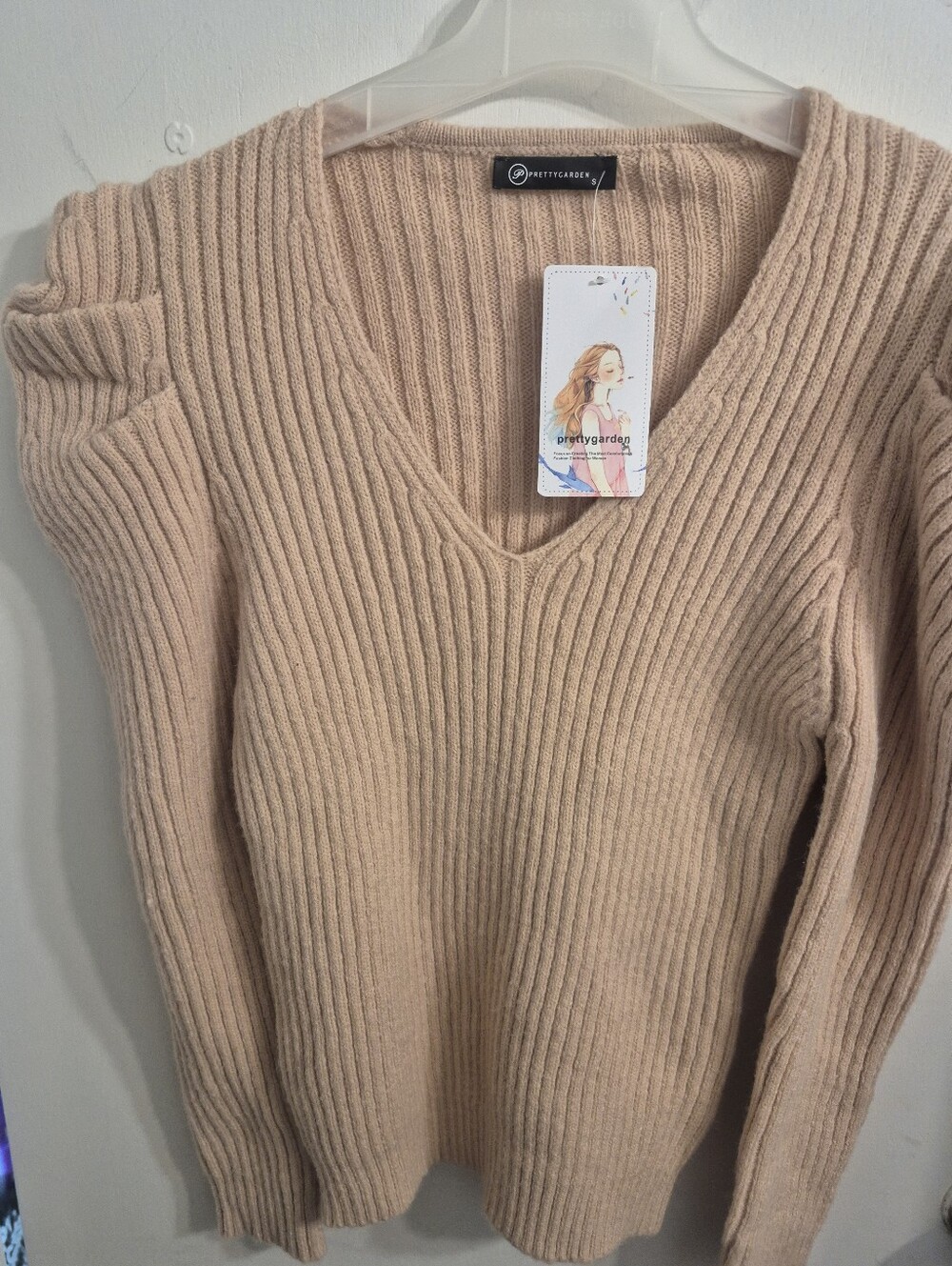 PrettyGarden V-Neck Ribbed Sweater in Blush Pink